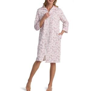 NEW Miss Elaine Full Zip Robe Sz M Quilt In Knit Pink Floral Pockets 3/4 Sleeves